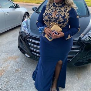 Blue and Gold Hand beaded Plus Size Prom